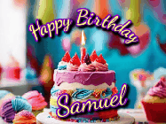 Happy Birthday Samuel GIF: A colorful animated birthday gif of a cake and falling stars with a flickering candle. Text reads Happy Birthday and Customize.