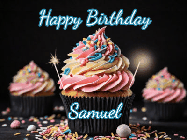 Happy Birthday Samuel GIF: A delicious cupcake gif with animated sparkles reading Happy Birthday with a name to customize