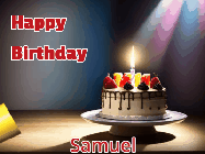Happy Birthday Samuel GIF: A funny animated happy birthday gif where a horn blows confetti and cake candles ignite some of the confetti that falls.