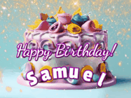Happy Birthday Samuel GIF: A beautiful birthday cake gif with animated sparkles and glitter Happy Birthday Name you can customize
