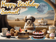 Happy Birthday Samuel GIF: Animated birthday gif with a dog at a fancy birthday table loaded with cakes as hearts appear. It reads Happy Birthday Customize.
