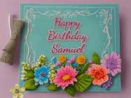 Happy Birthday Samuel GIF: Animated Birthday GIF as a colorful birthday card reading Happy Birthday Name and flower petals floating past.