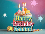 Happy Birthday Samuel GIF: A colorful animated Happy Birthday Cake GIF with swirling sparkles and flickering candles. It reads Happy Birthday Name