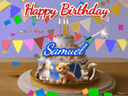 Happy Birthday Samuel GIF: Happy Birthday Cake GIF with a cat, lamb, and squirrel on the cake with flickering candles, a sparkler, and falling confetti. Reads Happy Birthday Name and you can customize the name