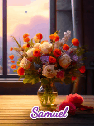 Happy Birthday Samuel GIF: A vase of flowers and animated hearts pop in and out as the words Happy Birthday Name appears that you can customize