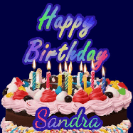 Happy Birthday Sandra GIF: A dark blue birthday gif with a beautiful cake with flickering candles, background sparkles and a name to customize.