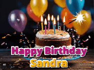 Happy Birthday Sandra GIF: A birthday cake with flickering candles gif with text reading Happy Birthday and a Name slot to customize