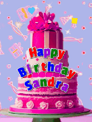 Happy Birthday Sandra GIF: A big beautiful birthday cake gif with falling confetti, sparklers, and balloons, reads Happy Birthday Name. Customize it.