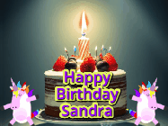 Happy Birthday Sandra GIF: An animated gif with 2 unicorns and a birthday candle on a cake.