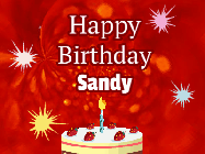 Happy Birthday Sandy GIF: A bright red happy birthday gif animated with a cake candle, and glitter and sparkles. Customize with name.