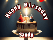 Happy Birthday Sandy GIF: Animated happy birthday gif with a cake and flickering candles with colorful falling confetti and text reading Happy Birthday