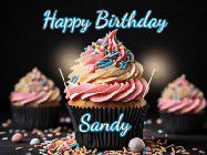 Happy Birthday Sandy GIF: A delicious cupcake gif with animated sparkles reading Happy Birthday with a name to customize