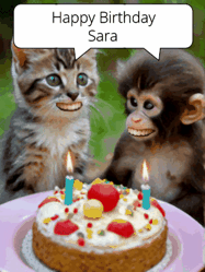 Happy Birthday Sara GIF: GIF with monkey and cake with birthday cake, flickering candles, they talk, a camera flash, big goofy smiles.