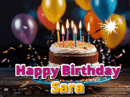 Happy Birthday Sara GIF: A birthday cake with flickering candles gif with text reading Happy Birthday and a Name slot to customize