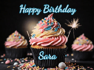 Happy Birthday Sara GIF: A delicious cupcake gif with animated sparkles reading Happy Birthday with a name to customize