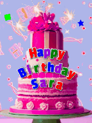 Happy Birthday Sara GIF: A big beautiful birthday cake gif with falling confetti, sparklers, and balloons, reads Happy Birthday Name. Customize it.