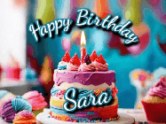 Happy Birthday Sara GIF: Animated Happy Birthday Gif reading Happy Birthday Customize. Depicts a colorful birthday with flickering candles and glitter.