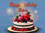 Happy Birthday Sara GIF: Animated GIF of a birthday cake covered in berries with 2 sparklers and a candle, reads Happy Birthday Name. Customize it.