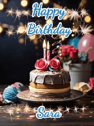 Happy Birthday Sara GIF: Sparkles and glitter happy birthday gif with a cake and flickering candles and sparklers behind the words happy birthday customize