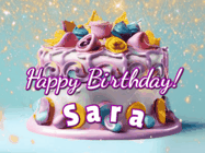 Happy Birthday Sara GIF: A beautiful birthday cake gif with animated sparkles and glitter Happy Birthday Name you can customize
