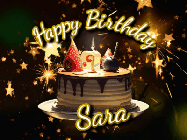 Happy Birthday Sara GIF: Bursting stars fall past a birthday cake in this animated birthday gif with name you can customize. Dark background.