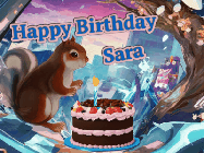 Happy Birthday Sara GIF: A cute squirrel happy birthday animated gif with a sparkle in its eye and a chocolate cake in a tree.