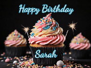 Happy Birthday Sarah GIF: A delicious cupcake gif with animated sparkles reading Happy Birthday with a name to customize