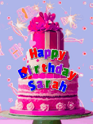 Happy Birthday Sarah GIF: A big beautiful birthday cake gif with falling confetti, sparklers, and balloons, reads Happy Birthday Name. Customize it.