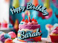Happy Birthday Sarah GIF: Animated Happy Birthday Gif reading Happy Birthday Customize. Depicts a colorful birthday with flickering candles and glitter.