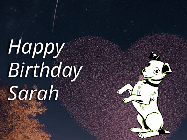 Happy Birthday Sarah GIF: Happy Birthday GIF at night with a cute drawn dog, floating balloons, and a shooting star in front of a heart shaped star formation.