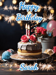 Happy Birthday Sarah GIF: Sparkles and glitter happy birthday gif with a cake and flickering candles and sparklers behind the words happy birthday customize