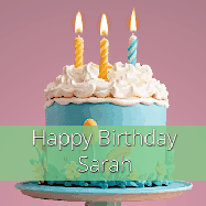 Happy Birthday Sarah GIF: Sparkles fly over a birthday cake that has 3 flickering candles, text in a colored band read Happy Birthday Name.