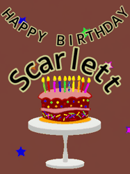 Happy Birthday Scarlett GIF: Animated birthday gif of a chocolate cartoon cake and stars. Animated text can be customized with name.