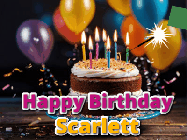 Happy Birthday Scarlett GIF: A birthday cake with flickering candles gif with text reading Happy Birthday and a Name slot to customize
