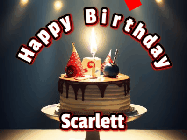 Happy Birthday Scarlett GIF: Animated happy birthday gif with a cake and flickering candles with colorful falling confetti and text reading Happy Birthday