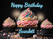 Happy Birthday Scarlett GIF: A delicious cupcake gif with animated sparkles reading Happy Birthday with a name to customize