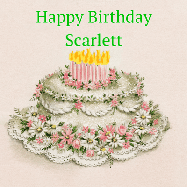 Happy Birthday Scarlett GIF: Happy birthday animated gif with animated doodles, pink text, and with a name you can customize.