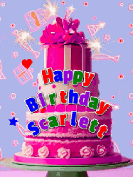 Happy Birthday Scarlett GIF: A big beautiful birthday cake gif with falling confetti, sparklers, and balloons, reads Happy Birthday Name. Customize it.