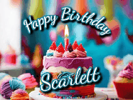 Happy Birthday Scarlett GIF: Animated Happy Birthday Gif reading Happy Birthday Customize. Depicts a colorful birthday with flickering candles and glitter.