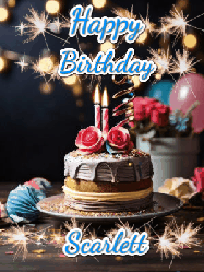 Happy Birthday Scarlett GIF: Sparkles and glitter happy birthday gif with a cake and flickering candles and sparklers behind the words happy birthday customize