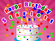 Happy Birthday Scarlett GIF: A polite looking rabbit with a wiggling tails delivers a birthday gift. Customize the message and name.