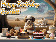 Happy Birthday Scarlett GIF: Animated birthday gif with a dog at a fancy birthday table loaded with cakes as hearts appear. It reads Happy Birthday Customize.