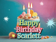 Happy Birthday Scarlett GIF: A colorful animated Happy Birthday Cake GIF with swirling sparkles and flickering candles. It reads Happy Birthday Name