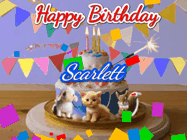 Happy Birthday Scarlett GIF: Happy Birthday Cake GIF with a cat, lamb, and squirrel on the cake with flickering candles, a sparkler, and falling confetti. Reads Happy Birthday Name and you can customize the name