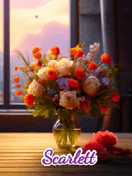 Happy Birthday Scarlett GIF: A vase of flowers and animated hearts pop in and out as the words Happy Birthday Name appears that you can customize
