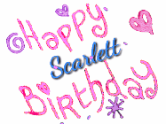 Happy Birthday Scarlett GIF: Beautiful flower birthday gif of a cute bird visiting a birthday message with animated musical notes and a name you customize.