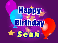Happy Birthday Sean GIF: A lovely purple birthday gif animated with moving text, a balloon, and bubbles. Customize it.