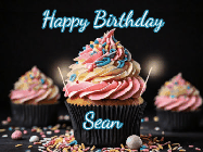 Happy Birthday Sean GIF: A delicious cupcake gif with animated sparkles reading Happy Birthday with a name to customize