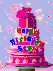 Happy Birthday Sean GIF: A big beautiful birthday cake gif with falling confetti, sparklers, and balloons, reads Happy Birthday Name. Customize it.