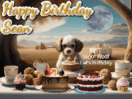 Happy Birthday Sean GIF: Animated birthday gif with a dog at a fancy birthday table loaded with cakes as hearts appear. It reads Happy Birthday Customize.